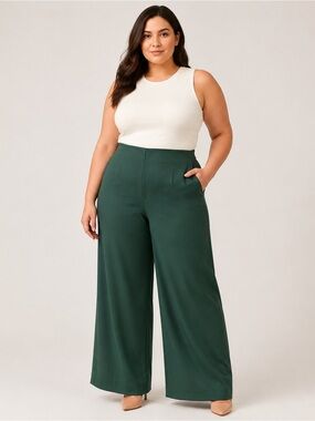 RACHEL Rachel Roy Emerald Green Satin Wide Leg Palazzo Pants Plus Size 14